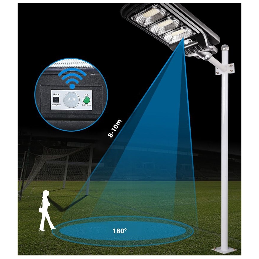 LED Вуличний світильник на сонячній батареї з датчиком і регулюванням яскравості LED/180W/6V 11000 mAh 6500K IP65 чорний + пульт дистанційного керування