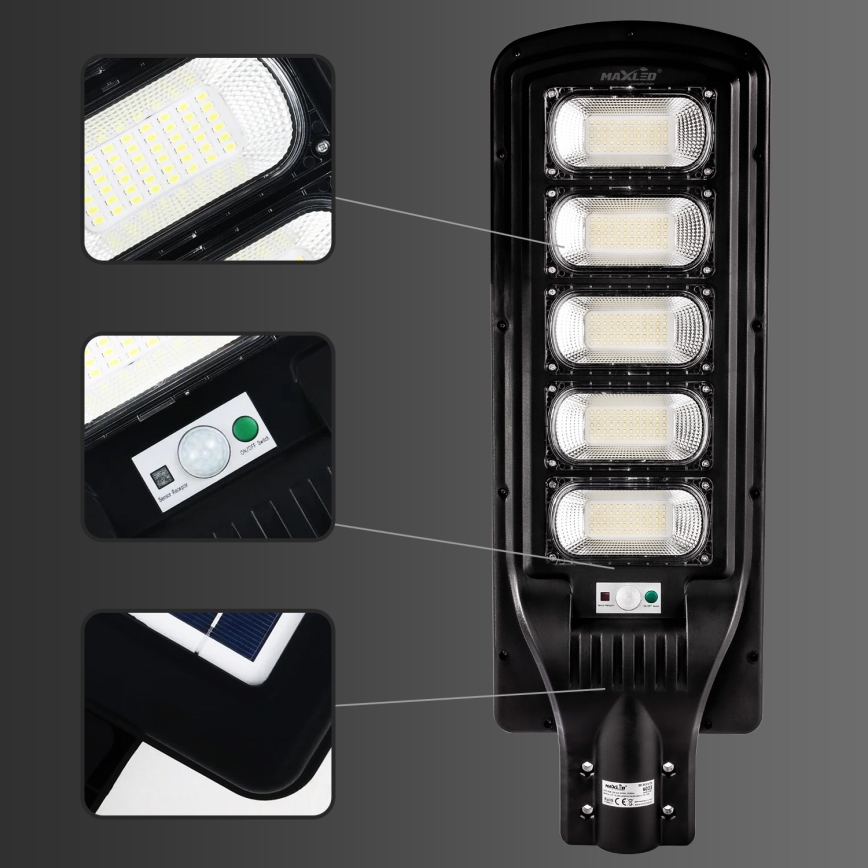 LED Вуличний світильник на сонячній батареї з датчиком і регулюванням яскравості LED/300W/6V 16500 mAh 6500K IP65 чорний + пульт дистанційного керування