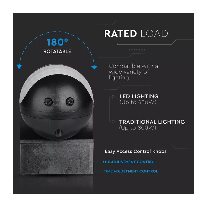 Вуличний датчик руху 230V IP44 чорний