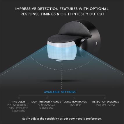 Вуличний інфрачервоний датчик руху 180/360° 600W/230V IP65 чорний