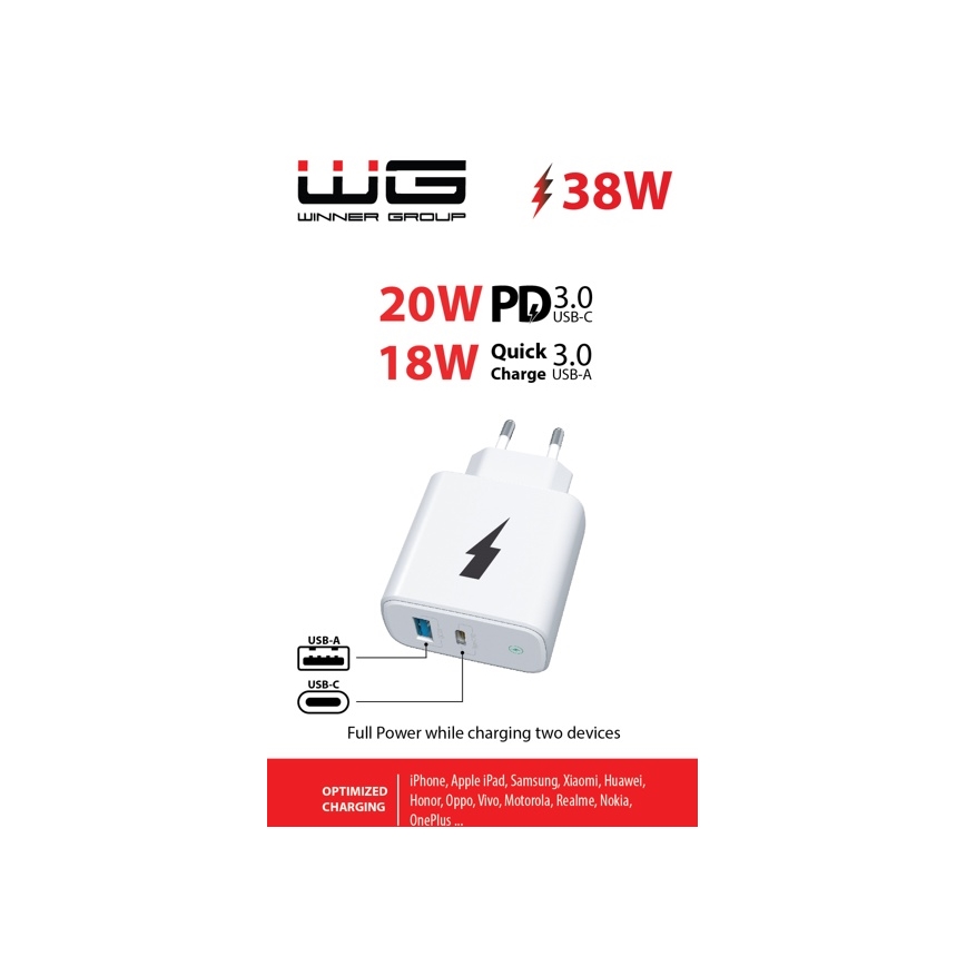 Winner Group - Адаптер зі швидкою зарядкою 1xUSB-C + 1xUSB-A Power Delivery 38W білий