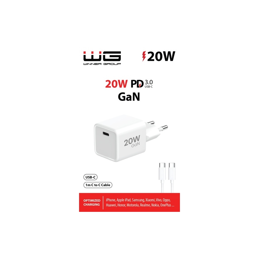 Winner Group- Адаптер зі швидкою зарядкою 1xUSB-C PD 20W + USB-кабель USB-C / USB-C 1м