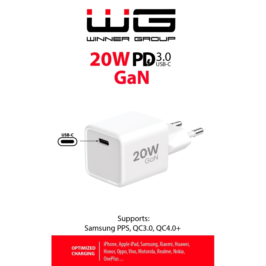 Winner Group - Адаптер зі швидкою зарядкою 1xUSB-C Power Delivery 20W білий