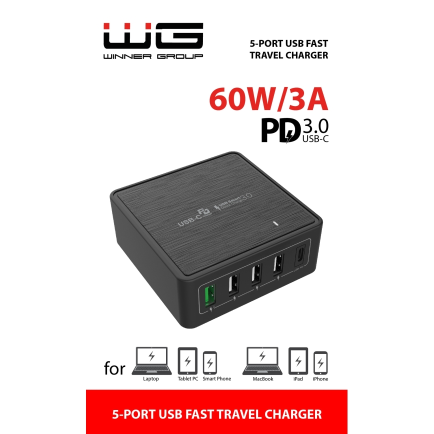 Winner Group - Адаптер зі швидкою зарядкою 5xUSB-C Power Delivery 60W чорний