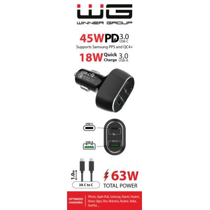 Winner Group - Автомобільний зарядний пристрій 1xUSB-C + 1xUSB-A Power Delivery 63W + USB-кабель USB-C / USB-C 1 м чорний