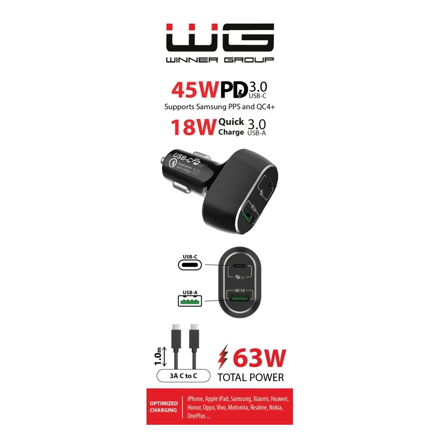 Winner Group - Автомобільний зарядний пристрій 1xUSB-C + 1xUSB-A Power Delivery 63W + USB-кабель USB-C / USB-C 1 м чорний