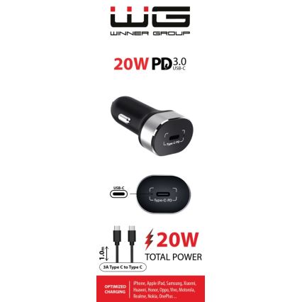 Winner Group - Автомобільний зарядний пристрій 1xUSB-C Power Delivery 20W + USB-кабель USB-C / USB-C 1 м чорний