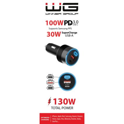 Winner Group - Автомобільний зарядний пристрій 2xUSB-C + 1xUSB-A Power Delivery 130W чорний