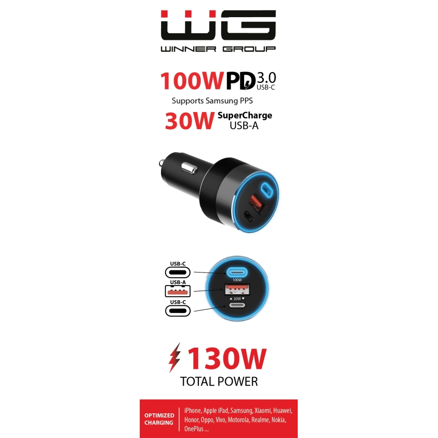 Winner Group - Автомобільний зарядний пристрій 2xUSB-C + 1xUSB-A Power Delivery 130W чорний