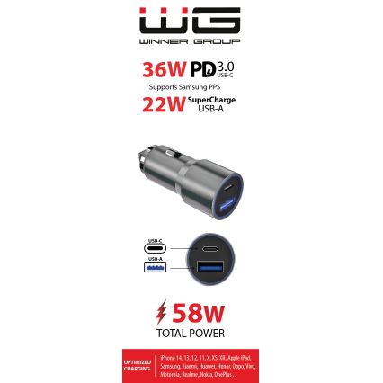 Winner Group - Автомобильное зарядное устройство 1xUSB-C + 1xUSB-A Power Delivery 58,5W серебристый