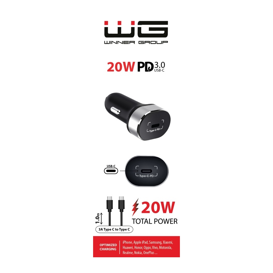 Winner Group - Автомобильное зарядное устройство 1xUSB-C Power Delivery 20W + USB-кабель USB-C / USB-C 1 м черный