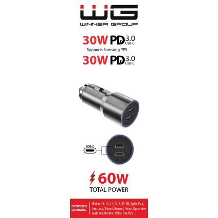 Winner Group - Автомобильное зарядное устройство 2xUSB-C Power Delivery 60W серебристый