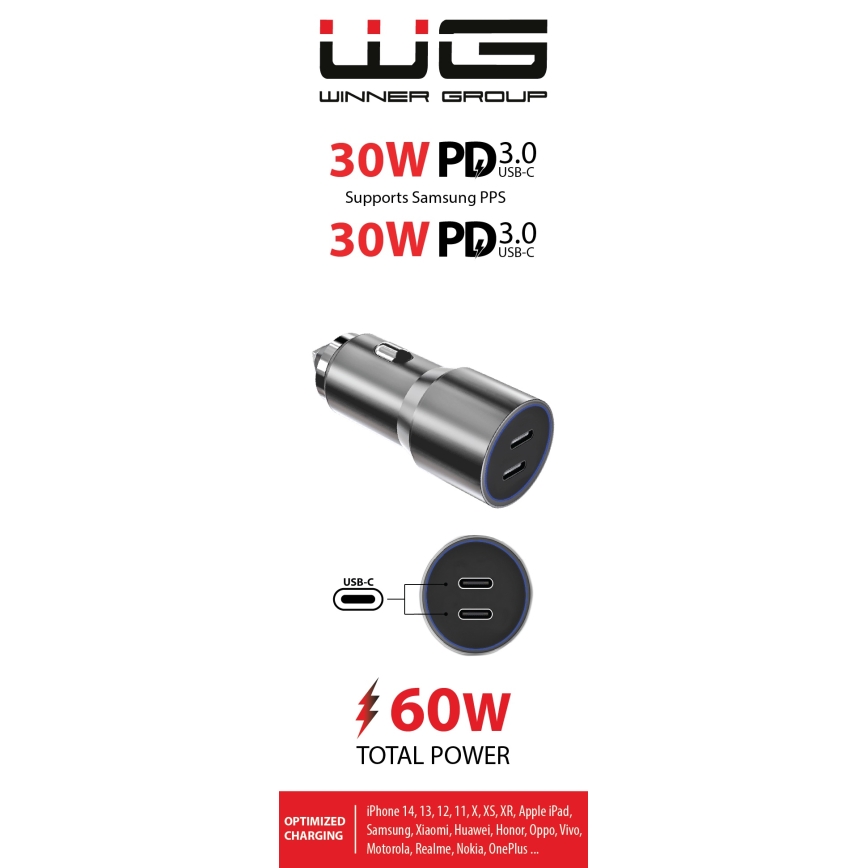 Winner Group - Автомобильное зарядное устройство 2xUSB-C Power Delivery 60W серебристый