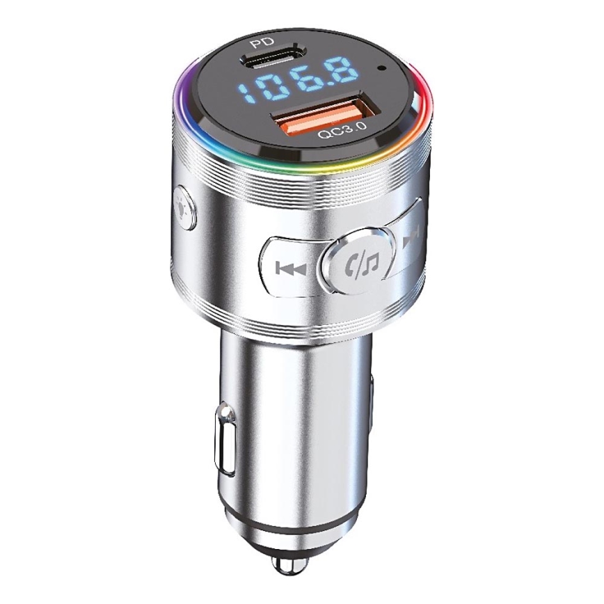 Winner Group - автомобильное зарядное устройство с FM-передатчиком и функцией громкой связи, 20 Вт, серебристое