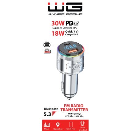 Winner Group - автомобильное зарядное устройство с FM-передатчиком и функцией громкой связи, 20 Вт, серебристое