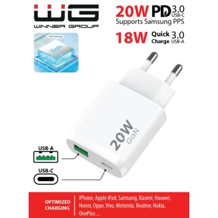 Winner Group - Блок быстрой зарядки 1xUSB-C + 1xUSB-A Power Delivery 20W белый