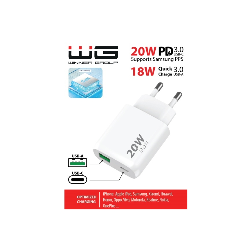 Winner Group - Блок быстрой зарядки 1xUSB-C + 1xUSB-A Power Delivery 20W белый