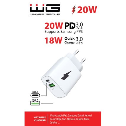 Winner Group - Блок быстрой зарядки 1xUSB-C + 1xUSB-A Power Delivery 20W белый