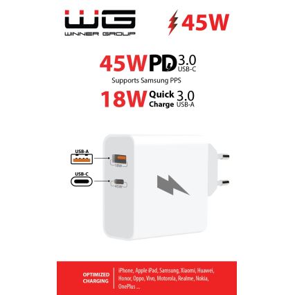 Winner Group - Блок быстрой зарядки 1xUSB-C + 1xUSB-A Power Delivery 45W белый