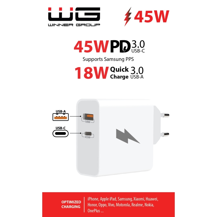 Winner Group - Блок быстрой зарядки 1xUSB-C + 1xUSB-A Power Delivery 45W белый