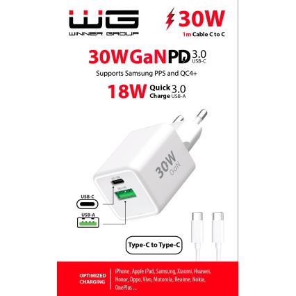 Winner Group - Блок быстрой зарядки 2xUSB PD 30W + USB-кабель USB-C / USB-C 1 м