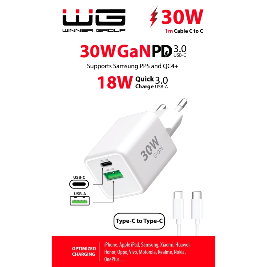 Winner Group - Блок быстрой зарядки 2xUSB PD 30W + USB-кабель USB-C / USB-C 1 м