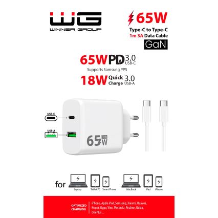 Winner Group - Блок быстрой зарядки 2xUSB PD 65W + USB-кабель USB-C / USB-C 1 м