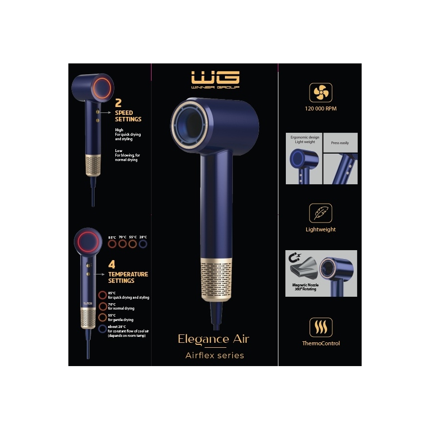 Winner Group - Фен з іонізатором Elegance Air 1600W/230V синій SCHUKO