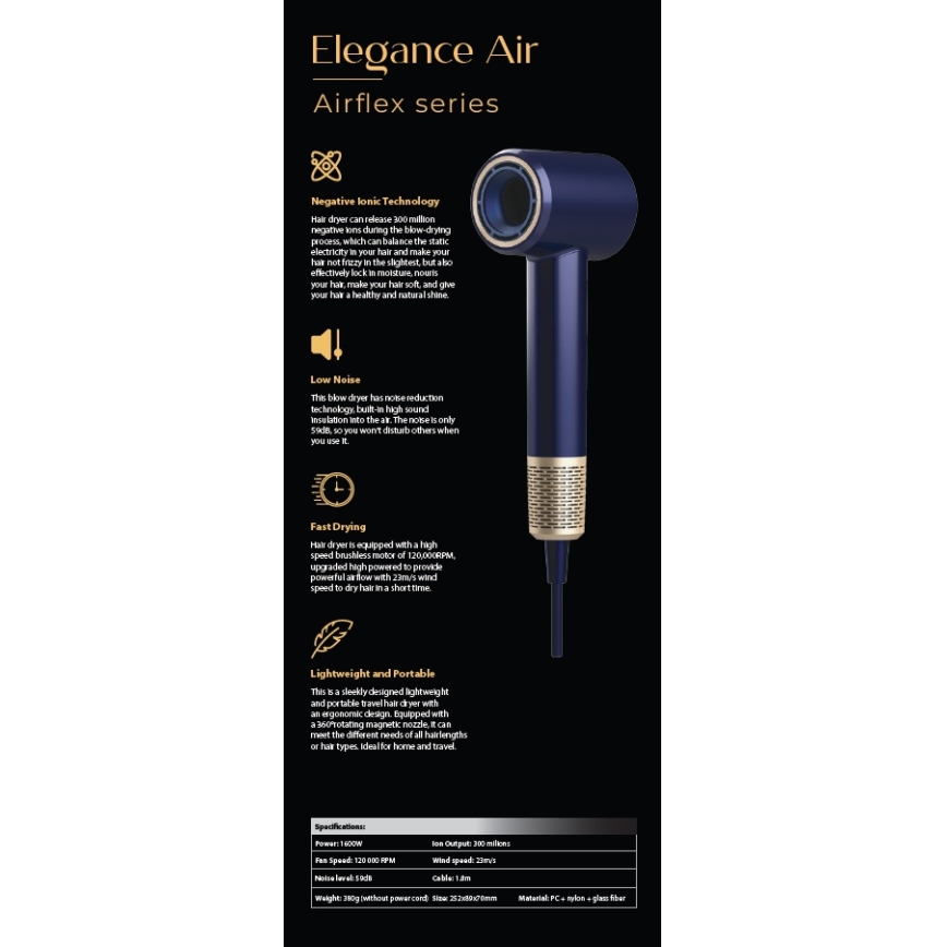 Winner Group - Фен з іонізатором Elegance Air 1600W/230V синій SCHUKO