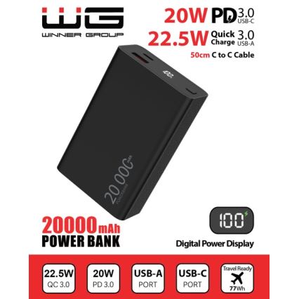 Winner Group - Універсальна мобільна батарея з дисплеєм 20000 mAh 20W Power Delivery чорний
