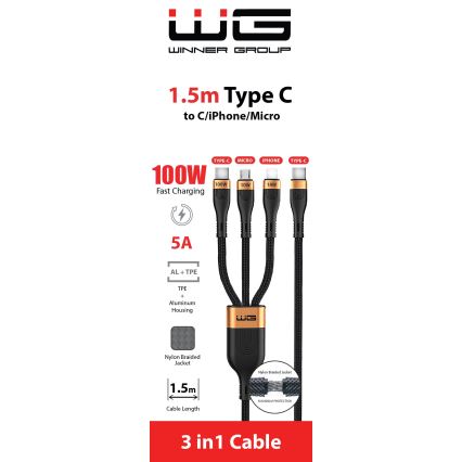 Winner Group -USB-кабель 3в1 USB-C / Lightning, USB-C и Micro USB 100W 1,5 м черный