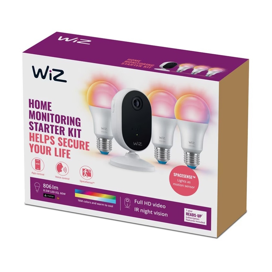 WiZ - Набор для наблюдения за домом: 1x камера + 3x Светодиодная RGB-лампочка A60 E27/8,5W/230V Wi-Fi