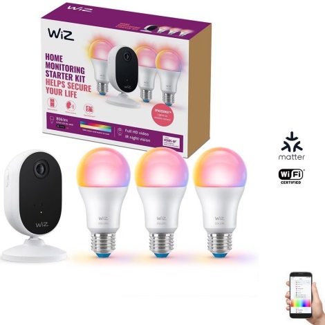 WiZ - Набор для наблюдения за домом: 1x камера + 3x Светодиодная RGB-лампочка A60 E27/8,5W/230V Wi-Fi