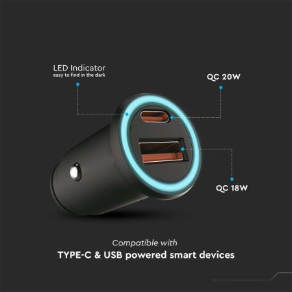 Зарядний пристрій для автомобіля Power Delivery 20W 12-24V/3A USB/C чорний