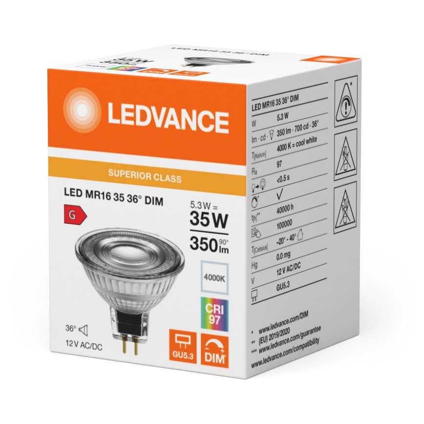 LED-рефлекторна лампа з регулюванням яскравості MR16 GU5,3/5,3W/12V 4000K 36° CRI 97 - Ledvance