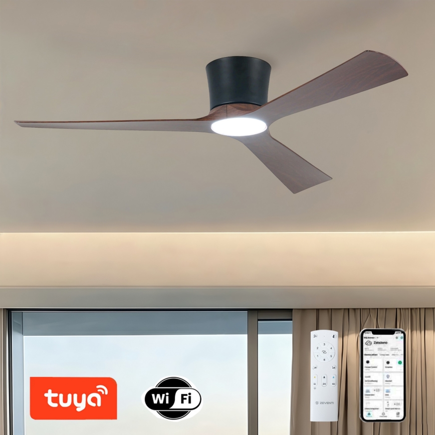 ZEVENTI - Диммируемый LED-потолочный вентилятор AUREX LED/24W/230V 3000/4000/6000K Wi-Fi Tuya чёрный/орех + пульт дистанционного управления
