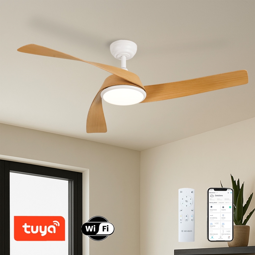 ZEVENTI - LED затемнюваний стельовий вентилятор AERYS LED/24W/230V 3000/4000/6000K Wi-Fi Tuya білий/дуб + пульт дистанційного керування