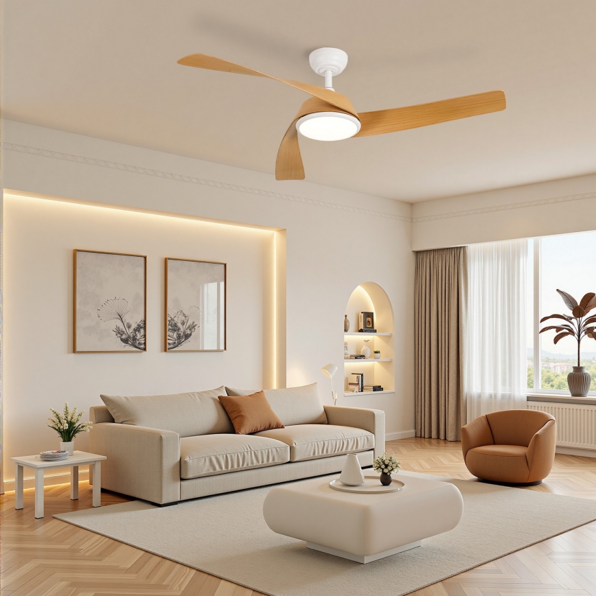 ZEVENTI - LED затемнюваний стельовий вентилятор AERYS LED/24W/230V 3000/4000/6000K Wi-Fi Tuya білий/дуб + пульт дистанційного керування