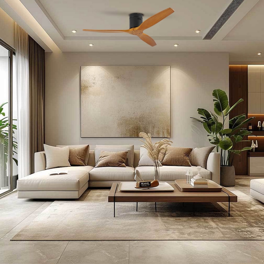 ZEVENTI - Потолочный вентилятор SPELLO Wi-Fi Tuya черный/дуб + пульт дистанционного управления