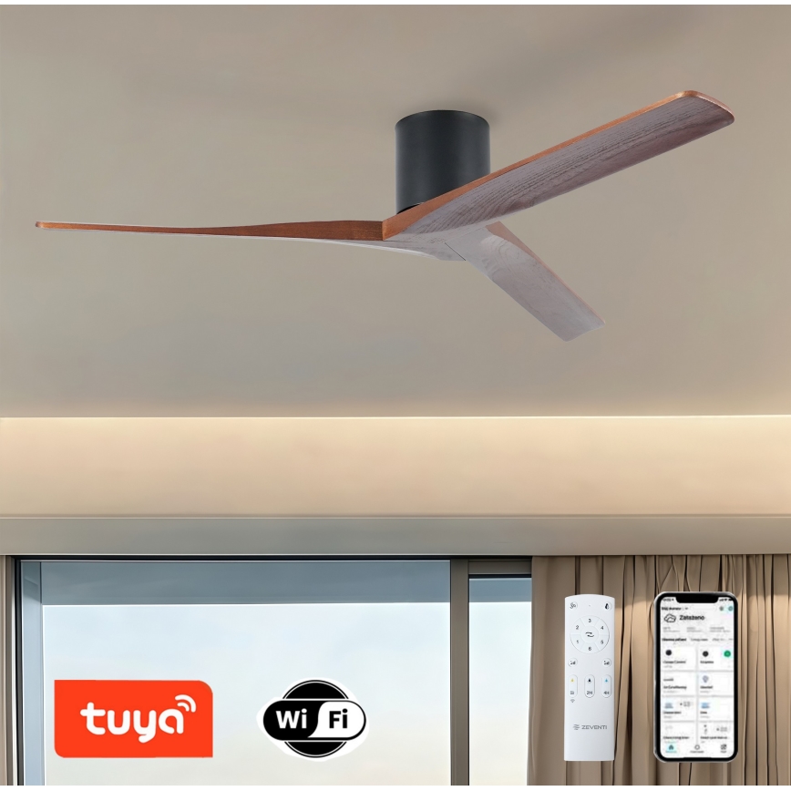 ZEVENTI - Потолочный вентилятор VELLON Wi-Fi Tuya чёрный/орех + пульт дистанционного управления