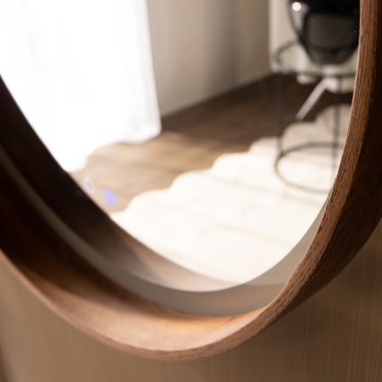 Zuma Line - LED-зеркало для ванной комнаты, настенное, с подогревом против запотевания и LED-подсветкой, 36 W/230 V, 3000/4000/6000 K (переключаемая цветовая температура), диаметр 80 см, IP44, дуб