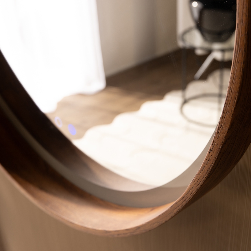 Zuma Line - LED-зеркало для ванной комнаты, настенное, с подогревом против запотевания и LED-подсветкой, 36 W/230 V, 3000/4000/6000 K (переключаемая цветовая температура), диаметр 80 см, IP44, дуб