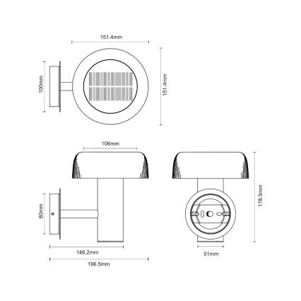 Zuma Line - LED Настінна лампа на сонячній батареї LED/2,5W/2000 mAh IP44 чорний