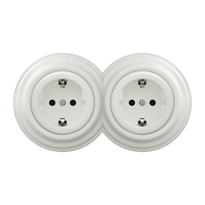 Кліклап - подвійна ретро-розетка для дому з рамкою SCHUKO 230 В/16 А біла