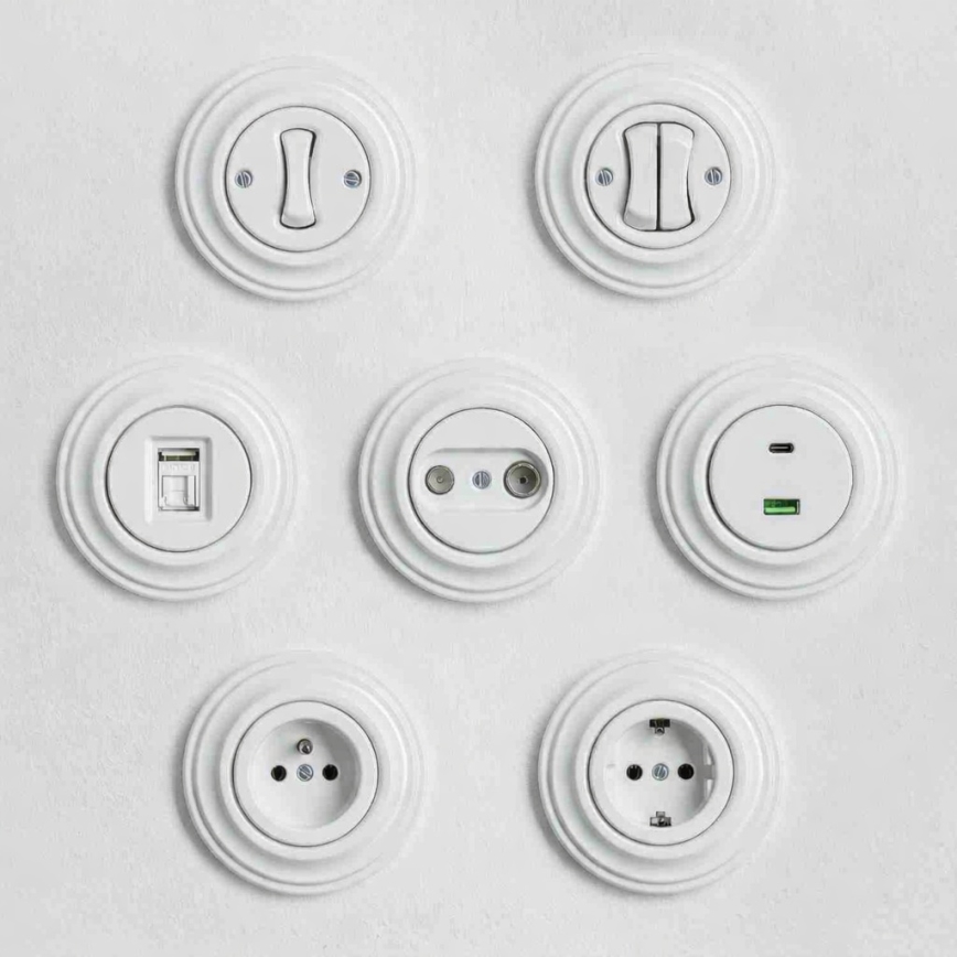 Кліклап - Ретро двоклавішний сходовий вимикач з рамкою № 6+6 сніжно-білий