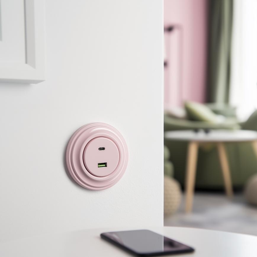 Кліклап - Ретро USB-розетка A+C з рамкою, старо-рожева