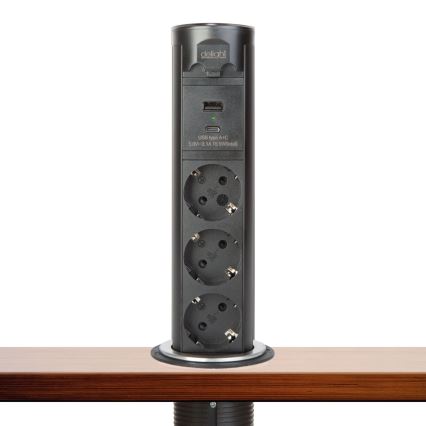 Колонка розеток для стільниці 3×230 В + USB-A + USB-C, чорна
