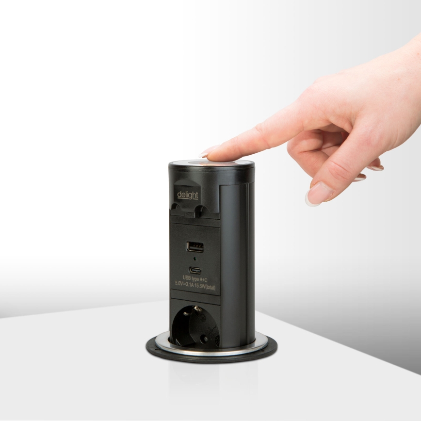 Колонка розеток для стільниці 3×230 В + USB-A + USB-C, чорна