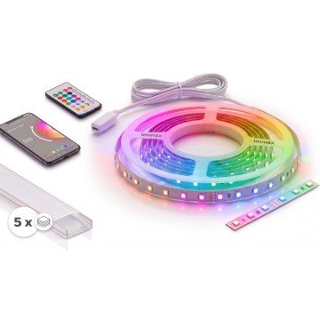 КОМПЛЕКТ: 1x диммируемая RGBW LED-лента NEO LITE MUSIC LED/24W/230V, 5 м, IP65, Wi‑Fi Tuya + 5x встраиваемый профиль 1 м, серебристый/белый + пульт дистанционного управления