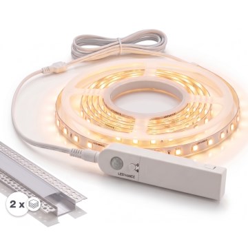КОМПЛЕКТ 1x LED-стрічка з датчиком руху FLEX LED/3,6W/4xAA 2 m + 2x вбудований профіль 1 m сріблястий/білий